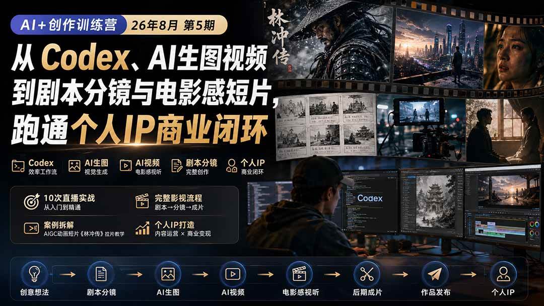 (20145期)AI+创作训练营26年8月第5期:从Codex、AI生图视频到剧本分镜与电影感短片,跑通个人IP商业闭环-佳梦网创 - 网创副业项目资源站