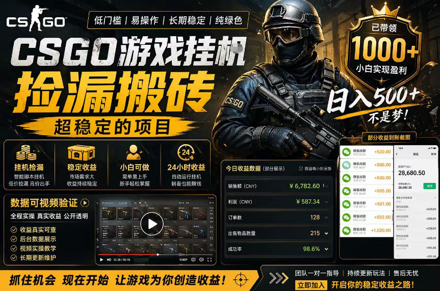 CSGO游戏搬砖，全自动挂G，不需要玩游戏，手机操作日入300+，解放双手【揭秘】 - 佳梦网创 - 网创副业项目资源站-佳梦网创 - 网创副业项目资源站