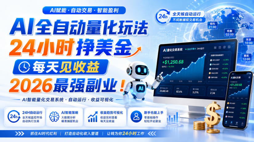 AI全自动量化玩法,24小时挣美金,每天见收益,2026最强副业!【揭秘】-佳梦网创 - 网创副业项目资源站