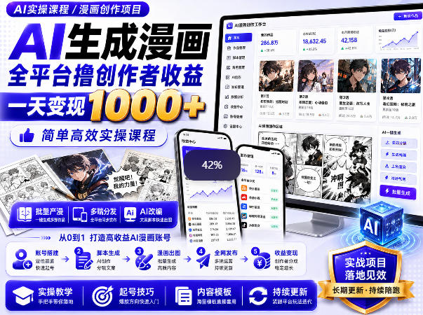 AI生成漫画全平台撸创作者收益内部课程,实操最高单日变现1k+-佳梦网创 - 网创副业项目资源站