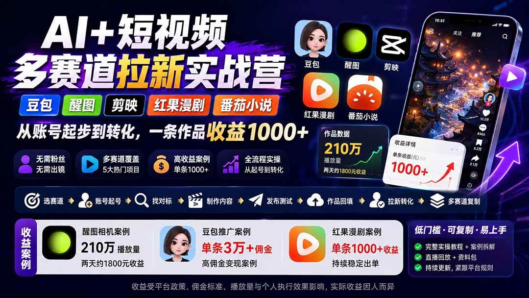 (20142期)AI+短视频多赛道拉新实战营:豆包+醒图+剪映+红果漫剧+番茄小说,从账号起步到转化,一条作品收益1000+-佳梦网创 - 网创副业项目资源站