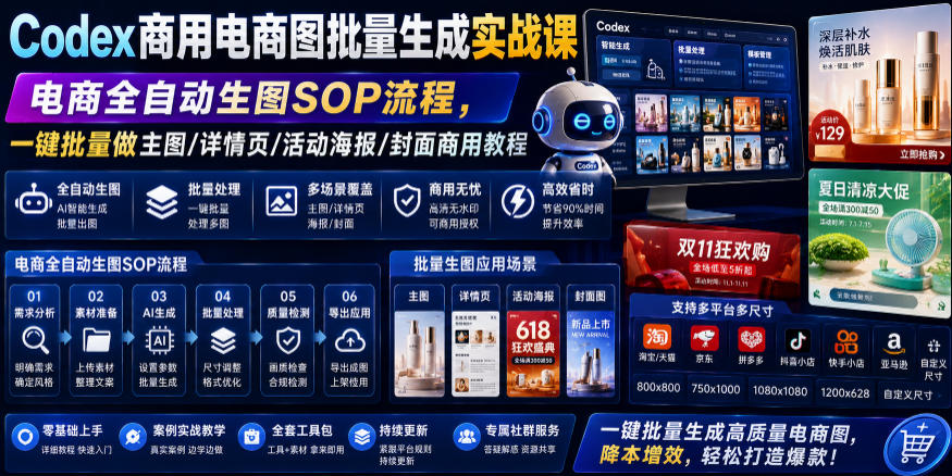 Codex商用电商图批量生成实战课|电商全自动生图SOP流程,一键批量做主图/详情页/活动海报/封面商用教程-佳梦网创 - 网创副业项目资源站