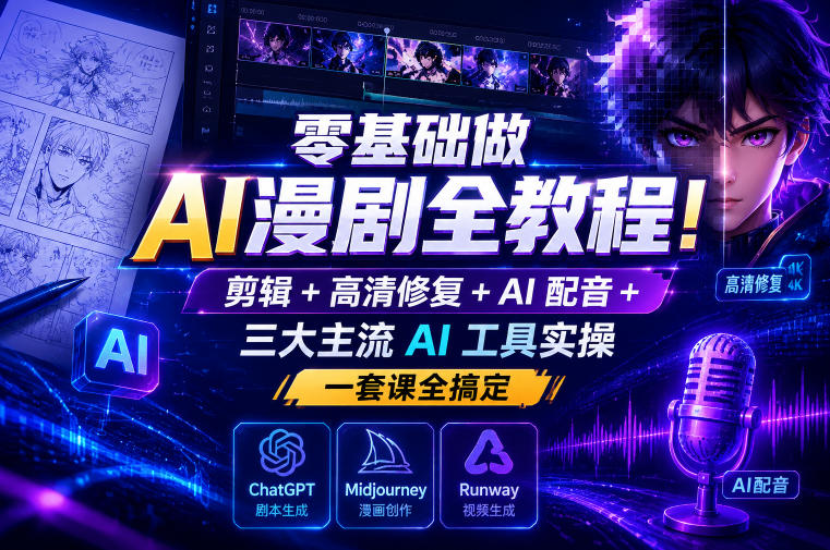 零基础做AI漫剧全教程！剪辑+高清修复+AI配音+三大主流AI工具实操，一套课全搞定 - 佳梦网创 - 网创副业项目资源站-佳梦网创 - 网创副业项目资源站