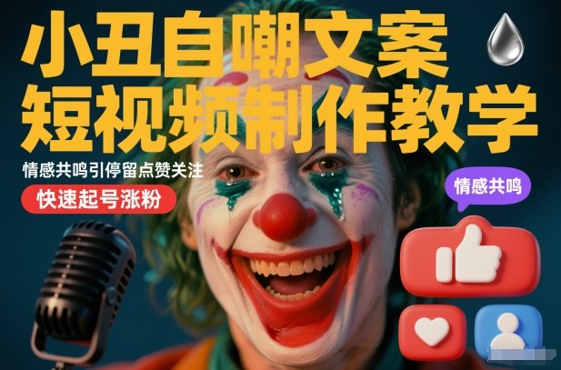 小丑自嘲文案短视频制作教学，情感共鸣引停留点赞关注，快速起号涨粉-佳梦网创 - 网创副业项目资源站