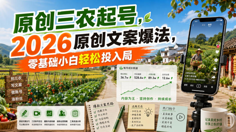 原创三农起号,2026原创文案爆法,零基础小白轻松投入局-佳梦网创 - 网创副业项目资源站