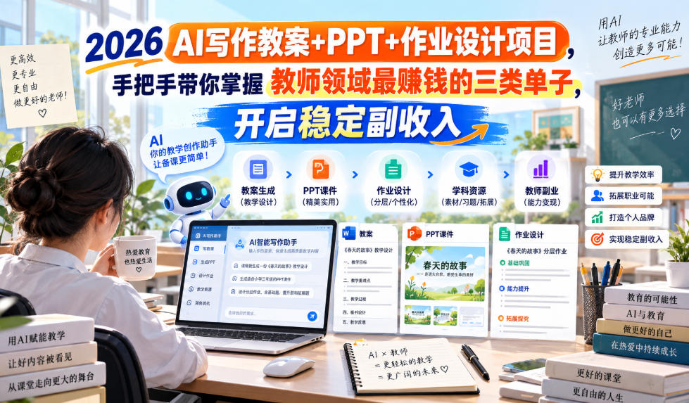 2026 AI写作教案+PPT+作业设计项目，手把手带你掌握教师领域最賺钱的三类单子，开启稳定副收入-佳梦网创 - 网创副业项目资源站