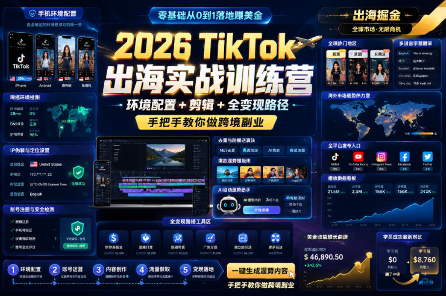 2026 TikTok出海实战训练营，环境配置 + 剪辑 + 全变现路径，手把手教你做跨境副业 - 佳梦网创 - 网创副业项目资源站-佳梦网创 - 网创副业项目资源站