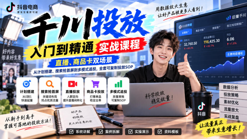 千川投放入门到精通实战课程，直播、商品卡双场景，从计划搭建、搜索抢首屏到多模式追投，全套可复制投放SOP-佳梦网创 - 网创副业项目资源站