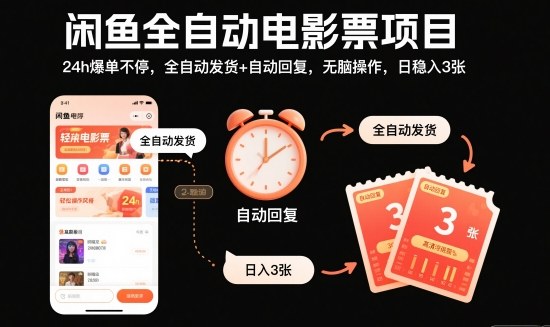 闲鱼全自动电影票项目，24h爆单不停，全自动发货+自动回复，无脑操作，日稳入3张【揭秘】 - 佳梦网创 - 网创副业项目资源站-佳梦网创 - 网创副业项目资源站
