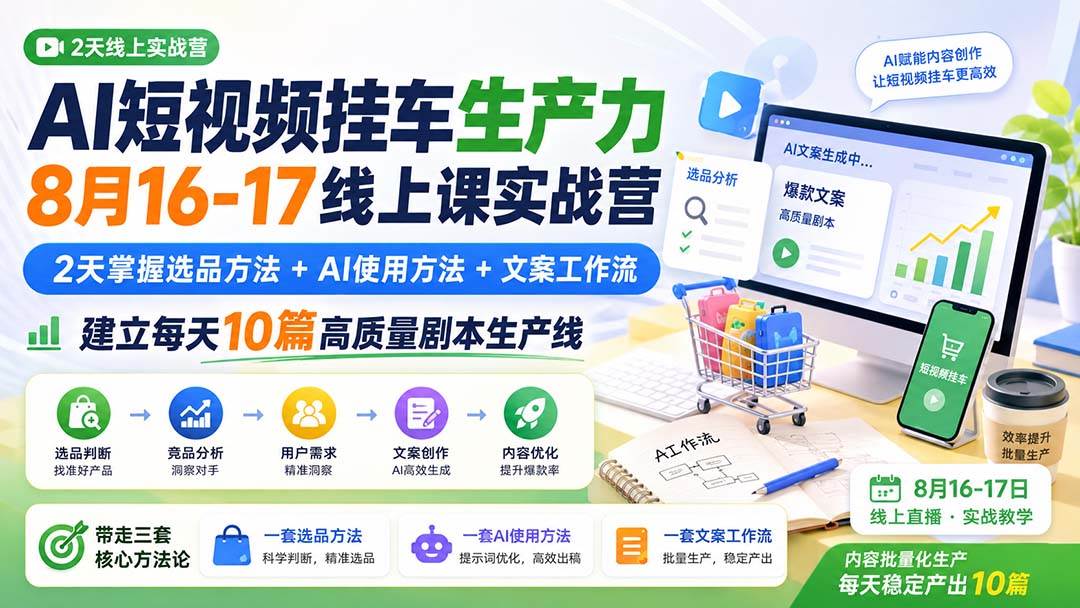 (20174期)AI短视频挂车生产力8月16-17线上课实战营:2天掌握选品方法+AI使用方法+文案工作流,建立每天10篇高质量剧本生产线-佳梦网创 - 网创副业项目资源站