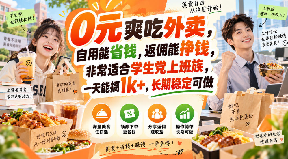0元爽吃外卖,自用能省钱,返佣能挣钱,非常适合学生党上班族,一天能搞1k+,长期稳定可做-佳梦网创 - 网创副业项目资源站