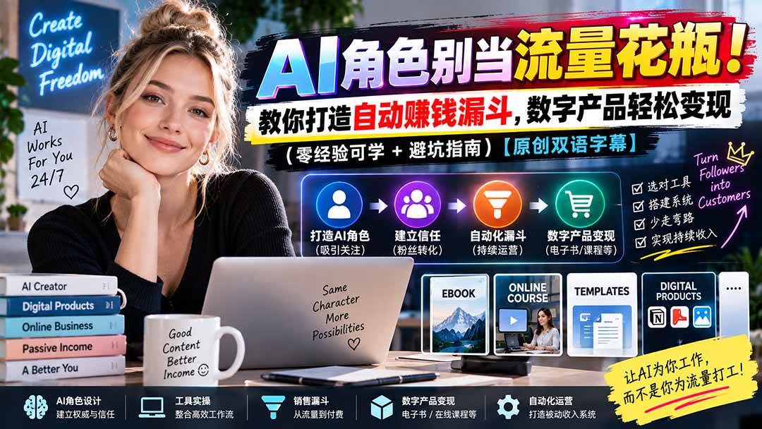 （20475期）AI角色别当流量花瓶！教你打造自动赚钱漏斗，数字产品轻松变现（零经验可学+避坑指南）【原创双语字幕】-佳梦网创 - 网创副业项目资源站