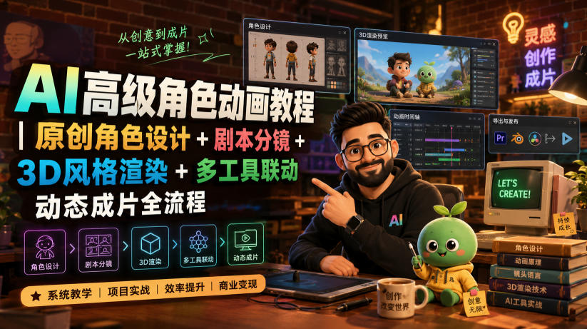 AI高级角色动画教程｜原创角色设计+剧本分镜+3D风格渲染+多工具联动动态成片全流程【中英字幕】-佳梦网创 - 网创副业项目资源站
