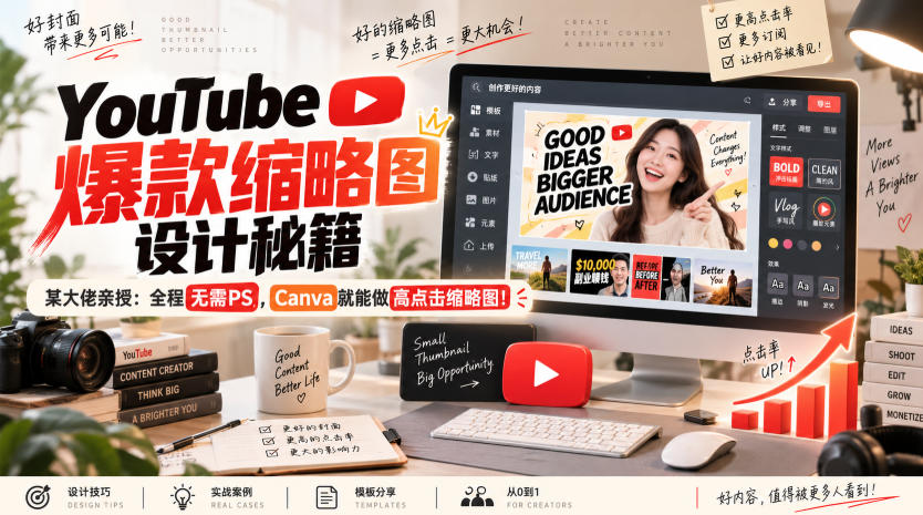 YouTube爆款缩略图设计秘籍，某油管大佬（610万订阅者）亲授，全程无需PS，Canva就能做高点击缩略图！【原创双语字幕】-佳梦网创 - 网创副业项目资源站