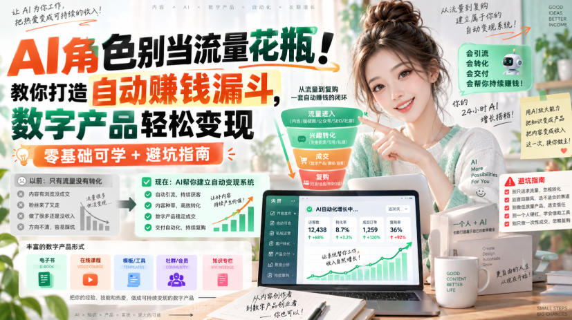 AI角色别当流量花瓶！教你打造自动賺钱漏斗，数字产品轻松变现（零基础可学+避坑指南）【原创双语字幕】-佳梦网创 - 网创副业项目资源站