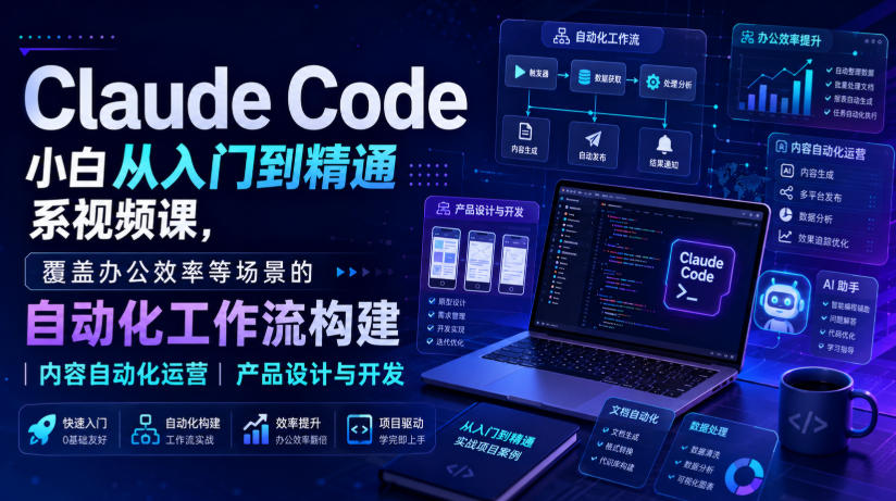 Claude Code小白从入门到精通系视频课，覆盖办公效率等场景的自动化工作流构建|内容自动化运营|产品设计与开发 - 佳梦网创 - 网创副业项目资源站-佳梦网创 - 网创副业项目资源站