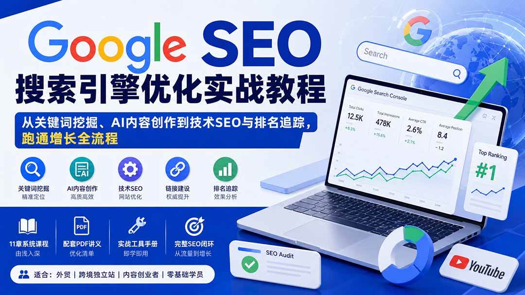 (20241期)Google SEO搜索引擎优化实战教程:从关键词挖掘、AI内容创作到技术SEO与排名追踪,跑通增长全流程-佳梦网创 - 网创副业项目资源站