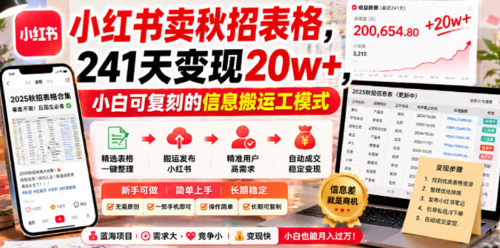 小红书卖秋招表格，241天变现20w+，小白可复刻的信息搬运工模式-佳梦网创 - 网创副业项目资源站