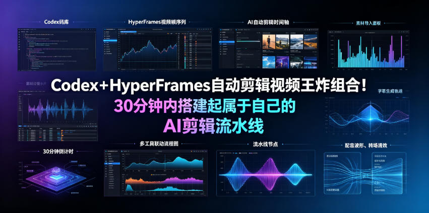 Codex+HyperFrames自动剪辑视频王炸组合!30分钟内搭建起属于自己的AI剪辑流水线(完整版实操教程手册) Codex+HyperFrames自动剪辑视频王炸组合!30分钟内搭建起属于自己的AI剪辑流水线(完整版实操教程手册)