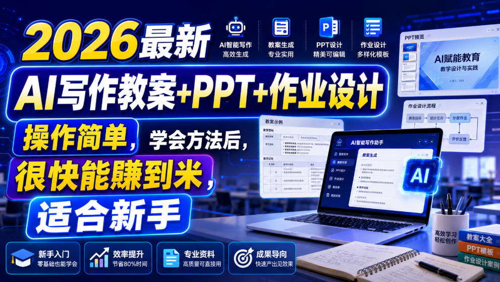 2026最新AI写作教案+PPT+作业设计，操作简单，学会方法后，很快能賺到米，适合新手 - 佳梦网创 - 网创副业项目资源站-佳梦网创 - 网创副业项目资源站