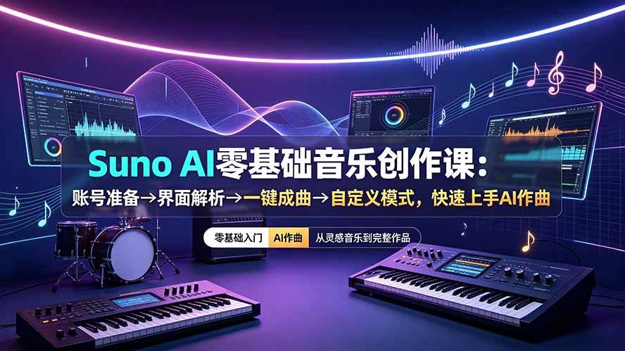(19264期)Suno AI零基础音乐创作课:账号准备→界面解析→一键成曲→自定义模式,快速上手AI作曲 (19264期)Suno AI零基础音乐创作课:账号准备→界面解析→一键成曲→自定义模式,快速上手AI作曲
