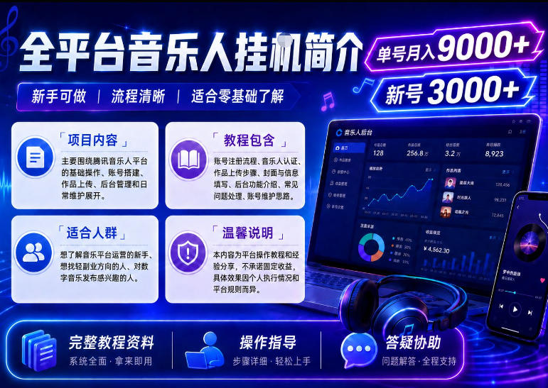 全平台音乐类挂G,单机单号月入9000+,可矩阵,可工作室放大操作【揭秘】 全平台音乐类挂G,单机单号月入9000+,可矩阵,可工作室放大操作【揭秘】