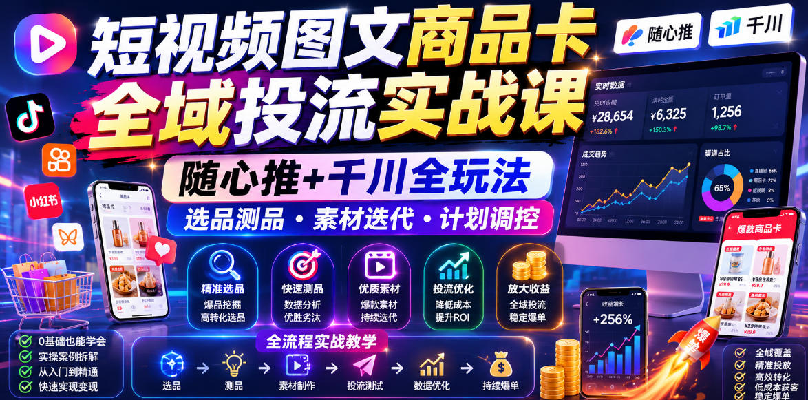 短视频图文商品卡全域投流实战课,随心推+千川全玩法,选品测品・素材迭代・计划调控,提升ROI爆单增收教程-佳梦网创 - 网创副业项目资源站
