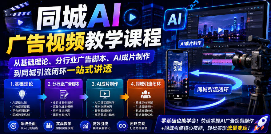 同城AI广告视频教学课程,从基础理论、分行业广告脚本、AI成片制作到同城引流闭环一站式讲透-佳梦网创 - 网创副业项目资源站