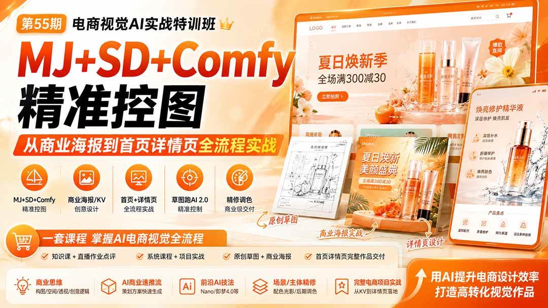 （20027期）电商视觉 AI实战训练营第55期：MJ+SD+Comfy精准控图，从商业海报到首页详情页全流程实战-佳梦网创 - 网创副业项目资源站