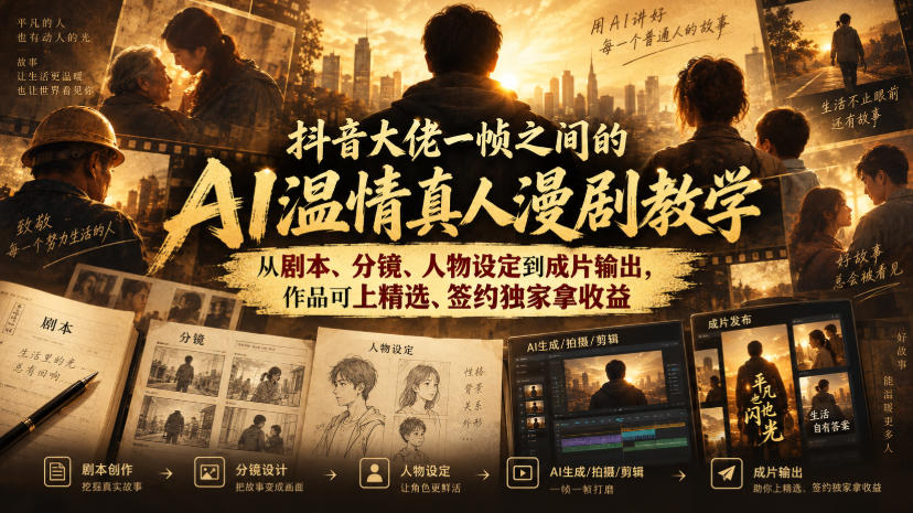 抖音大佬一帧之间的AI温情真人漫剧教学，从剧本、分镜、人物设定到成片输出，作品可上精选、签约独家拿收益-佳梦网创 - 网创副业项目资源站