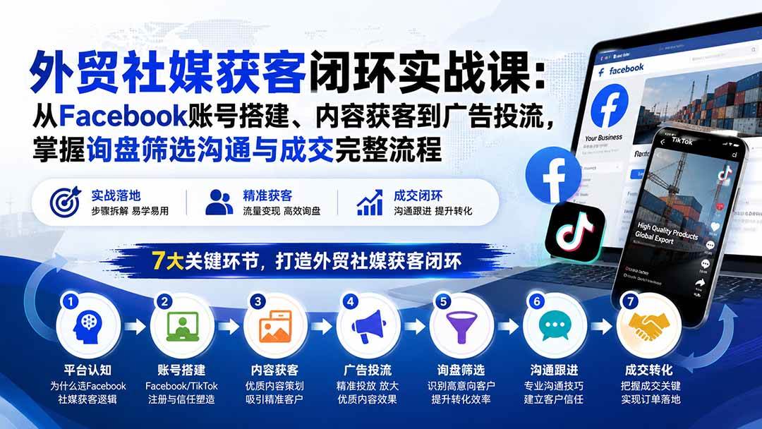 （20318期）外贸社媒获客闭环实战课：从Facebook账号搭建、内容获客到广告投流，掌握询盘筛选沟通与成交完整流程-佳梦网创 - 网创副业项目资源站