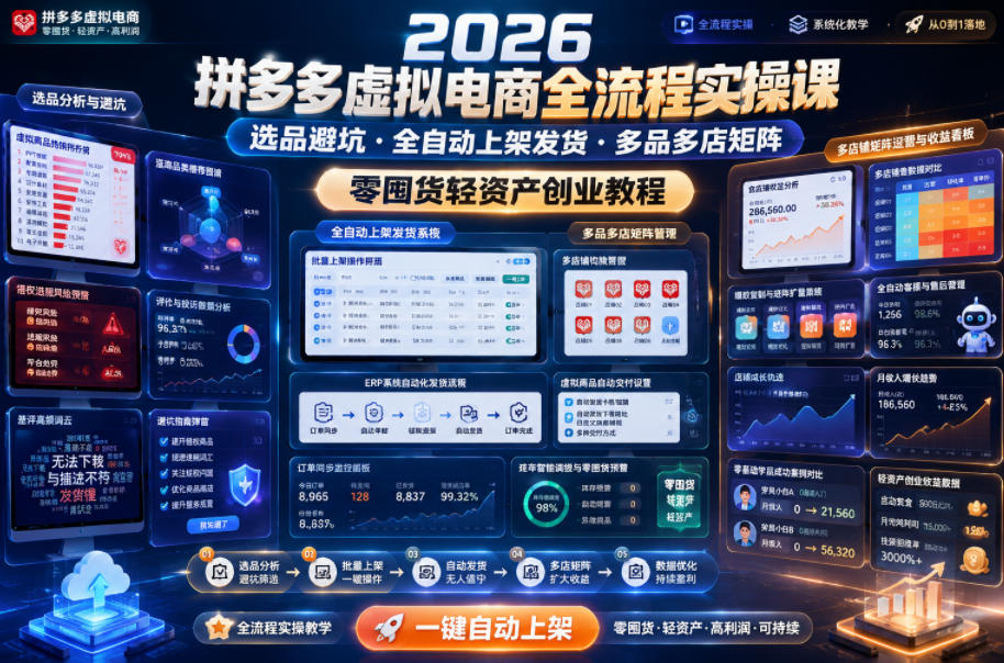 2026拼多多虚拟电商全流程实操课，选品避坑・全自动上架发货・多品多店矩阵，零囤货轻资产创业教程 - 佳梦网创 - 网创副业项目资源站-佳梦网创 - 网创副业项目资源站