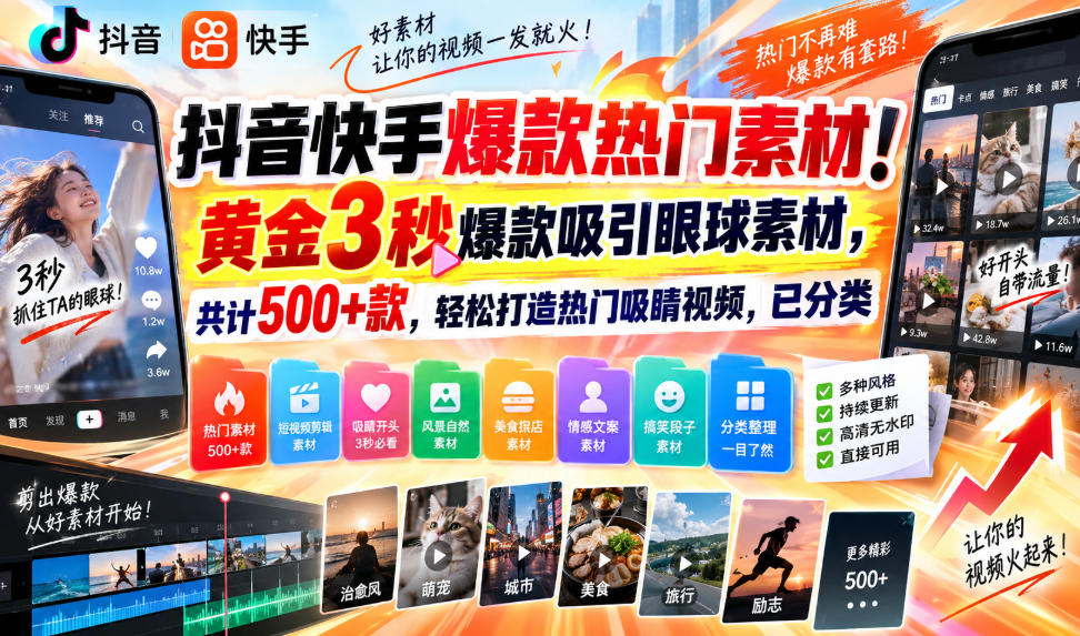 抖音快手爆款热门素材！黄金3秒爆款吸引眼球素材，共计500+款，轻松打造热门吸睛视频，已分类-佳梦网创 - 网创副业项目资源站