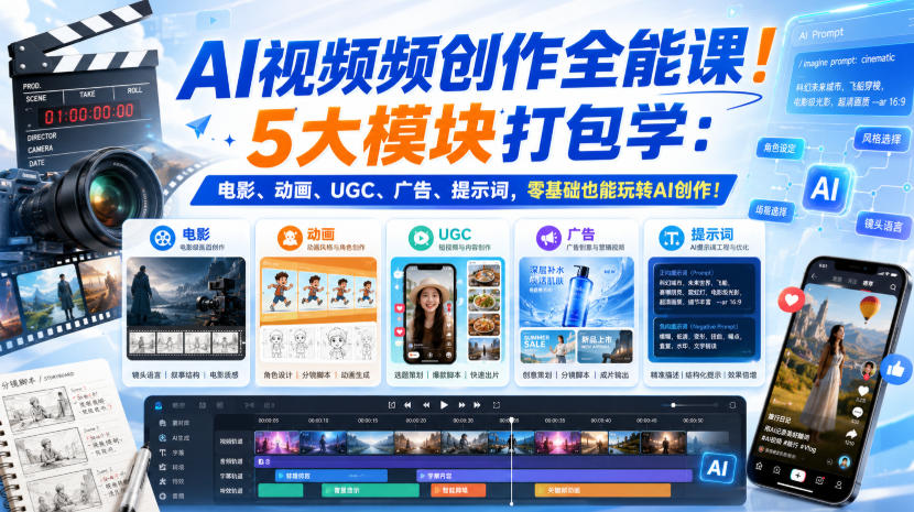 AI视频频创作全能课!5大模块打包学:电影、动画、UGC、广告、提示词,零基础也能玩转AI创作!【原创双语字幕】-佳梦网创 - 网创副业项目资源站