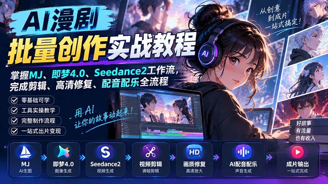 (20488期)AI漫剧批量创作实战教程:掌握MJ、即梦4.0、Seedance2工作流,完成剪辑、高清修复、配音配乐全流程-佳梦网创 - 网创副业项目资源站
