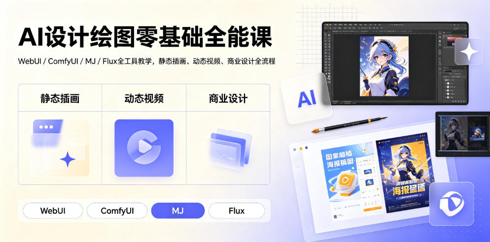 AI设计绘图零基础全能课｜WebUI/ComfyUI/MJ/Flux全工具教学，静态插画、动态视频、商业设计全流程 - 佳梦网创 - 网创副业项目资源站-佳梦网创 - 网创副业项目资源站