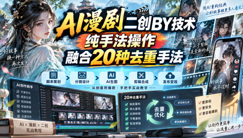 AI漫剧二创搬运技术，纯手法操作，融合20种去重手法-佳梦网创 - 网创副业项目资源站