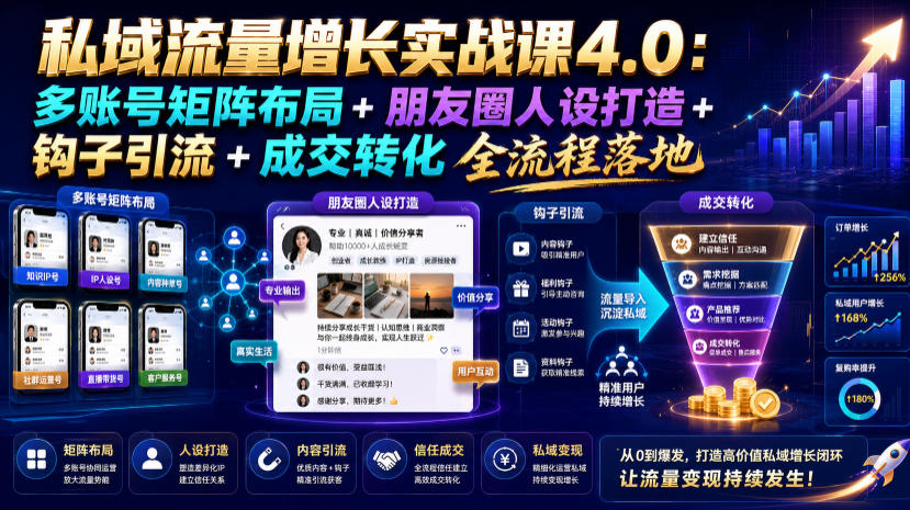 私域流量增长实战课4.0：多账号矩阵布局+朋友圈人设打造+钩子引流+成交转化全流程落地 - 佳梦网创 - 网创副业项目资源站-佳梦网创 - 网创副业项目资源站