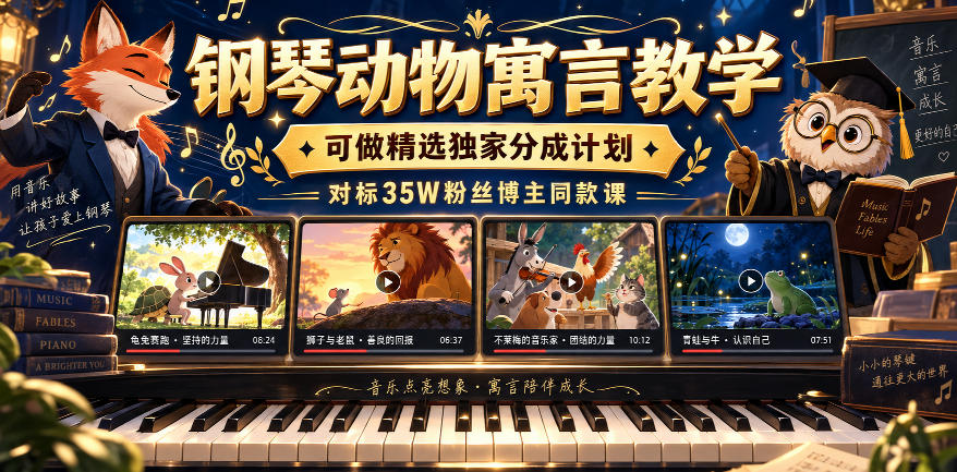 钢琴动物寓言教学,可做精选独家分成计划,对标35W粉丝博主同款课-佳梦网创 - 网创副业项目资源站