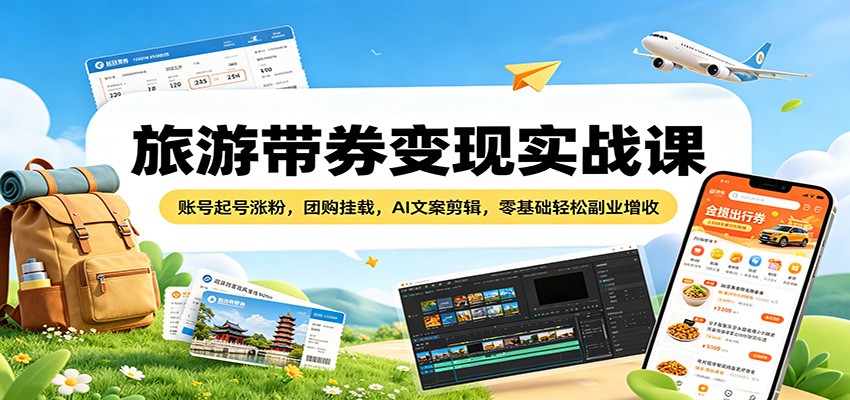 旅游带券变现实战课：账号起号涨粉，团购挂载，AI文案剪辑，零基础轻松副业增收 - 佳梦网创 - 网创副业项目资源站-佳梦网创 - 网创副业项目资源站