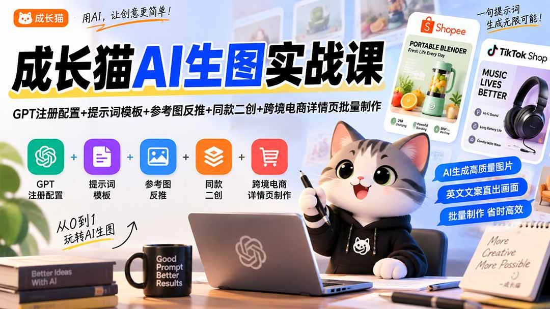 (20482期)成长猫AI生图实战课|GPT注册配置+提示词模板+参考图反推+同款二创+跨境电商详情页批量制作-佳梦网创 - 网创副业项目资源站