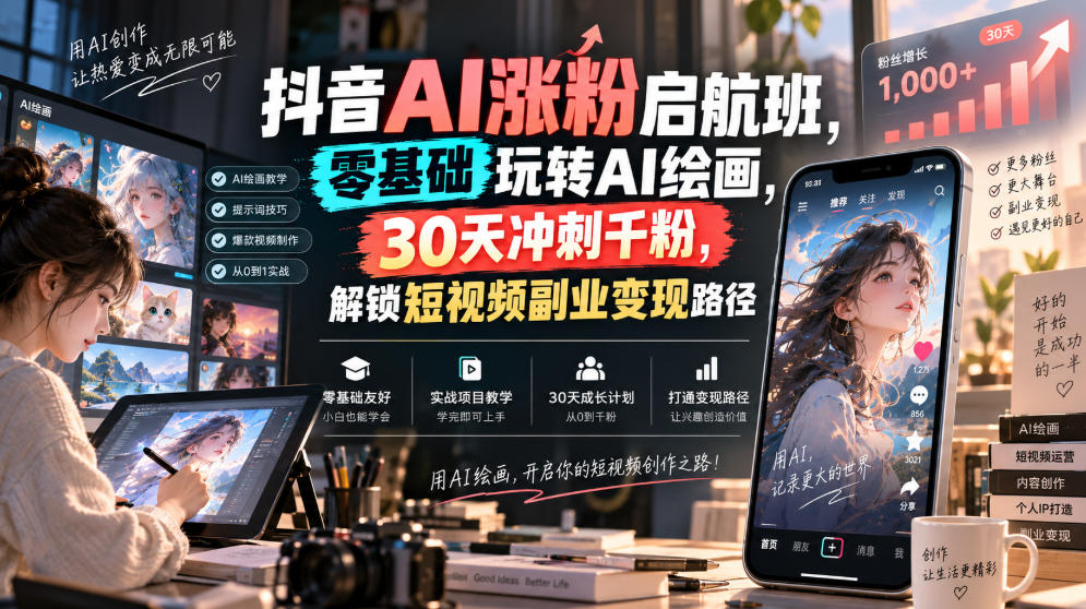 抖音AI涨粉启航班，零基础玩转AI绘画，30天冲刺千粉，解锁短视频副业变现路径-佳梦网创 - 网创副业项目资源站