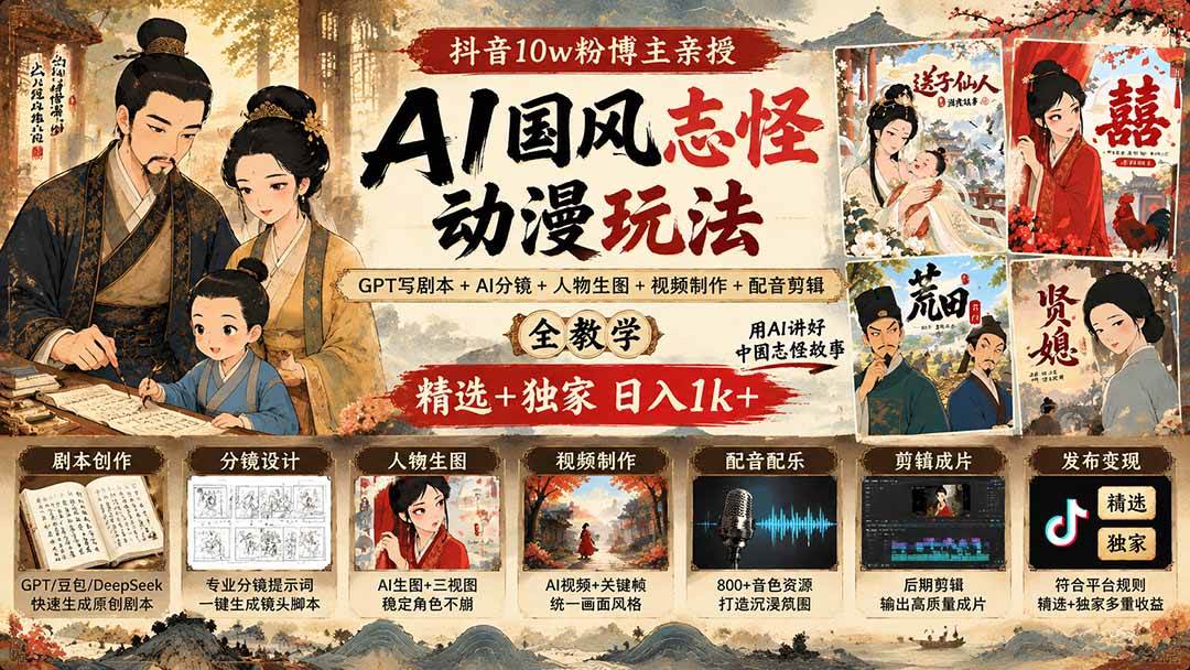 （20538期）抖音10w粉博主亲授AI国风志怪动漫玩法｜GPT写剧本+AI分镜+人物生图+视频制作+配音剪辑全教学｜精选+独家日入1k+-佳梦网创 - 网创副业项目资源站