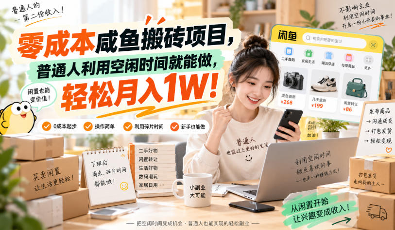 零成本咸鱼搬砖项目，普通人利用空闲时间就能做，轻松月入1W！【揭秘】-佳梦网创 - 网创副业项目资源站