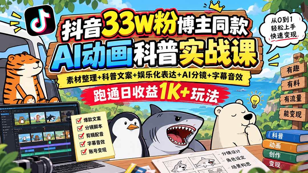 （20510期）抖音33W粉博主同款AI动画科普实战课｜素材整理+科普文案+娱乐化表达+AI分镜+字幕音效，跑通日收益1K+玩法-佳梦网创 - 网创副业项目资源站