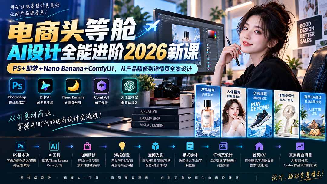 (20284期)电商头等舱AI设计全能进阶2026新课:PS+即梦+Nano Banana+ComfyUI,从产品精修到详情页全案设计-佳梦网创 - 网创副业项目资源站