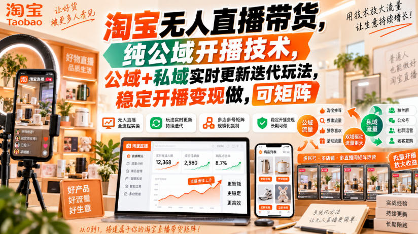 淘宝无人直播带货，纯公域开播技术，公域+私域实时更新迭代玩法，稳定开播变现做，可矩阵【揭秘】-佳梦网创 - 网创副业项目资源站