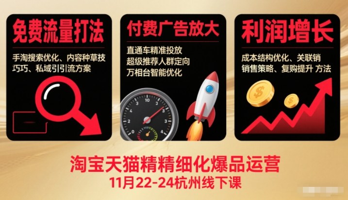 淘宝天猫精细化爆品运营11月22-24杭州线下课，免费流量打法+付费广告放大+利润增长（音频+文档） - 佳梦网创 - 网创副业项目资源站-佳梦网创 - 网创副业项目资源站