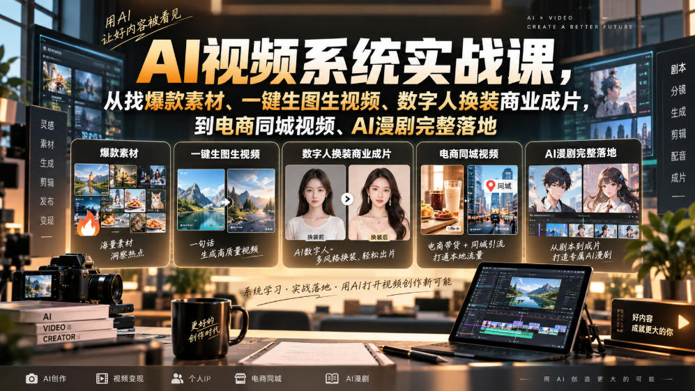 AI视频系统实战课，从找爆款素材、一键生图生视频、数字人换装商业成片，到电商同城视频、AI漫剧完整落地-佳梦网创 - 网创副业项目资源站