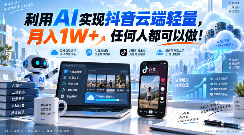利用AI实现抖音云端轻量，月入1W+，任何人都可以做！【揭秘】-佳梦网创 - 网创副业项目资源站